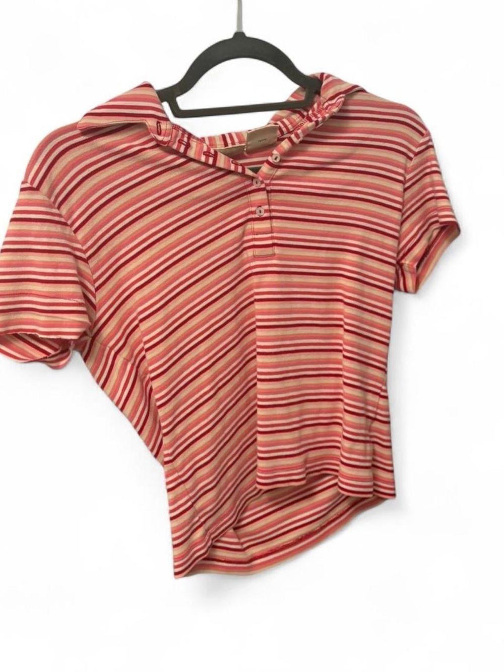 Striped Short-Sleeve Polo Top in Red and Cream